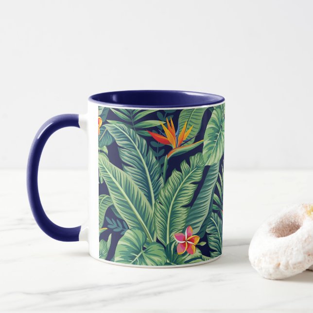 Tropical Banana Monstera Palm Leaves & Flowers Mug (With Donut)
