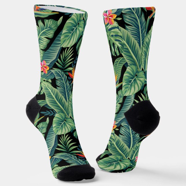 Tropical Banana Monstera Palm Leaves & Flowers Socks (Angled)