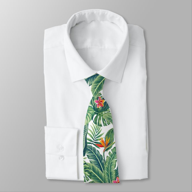 Tropical Banana Monstera Palm Leaves & Flowers Tie (Tied)