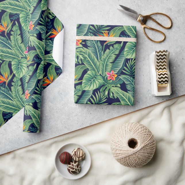 Tropical Banana Monstera Palm Leaves & Flowers Wrapping Paper (Crafts)