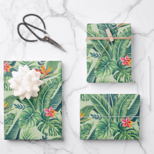 Tropical Banana Monstera Palm Leaves & Flowers Wrapping Paper Sheet