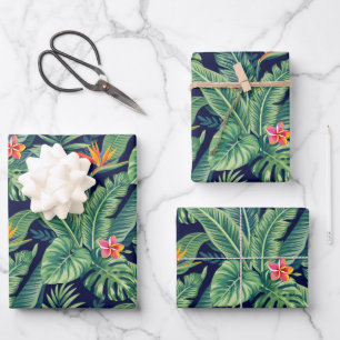 Tropical Banana Monstera Palm Leaves & Flowers Wrapping Paper Sheet