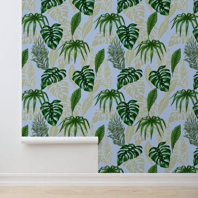 Tropical Banana, Palm & Monstera Leaves Coral Blue Wallpaper (Application)