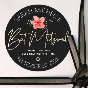 Tropical Bat Mitzvah Black Gold Floral Watercolor Classic Round Sticker