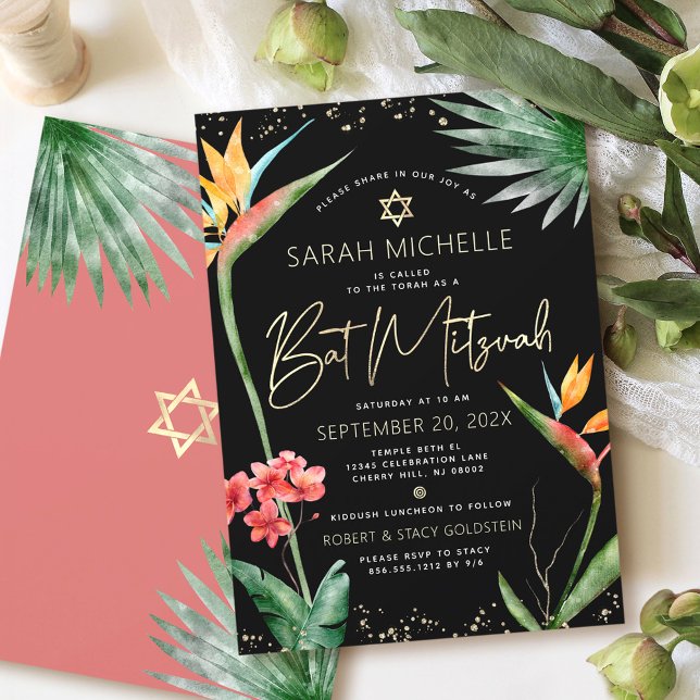 Tropical Bat Mitzvah Black Gold Floral Watercolor  Invitation (Creator Uploaded)
