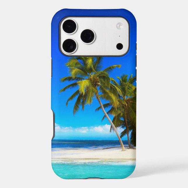 Tropical Beach (A phone case featuring a vibrant beach scene. The case is predominantly blue around the edges.)