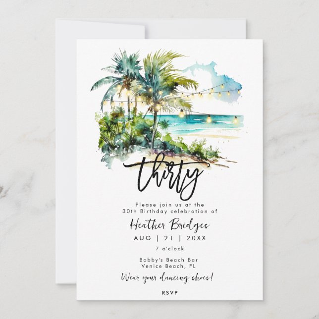 Tropical beach 30th birthday party invitation (Front)