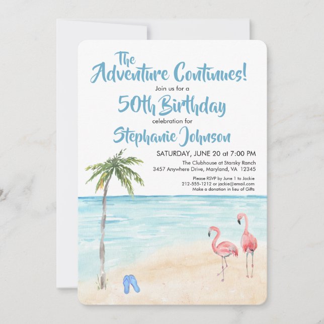 Tropical Beach Adventure 50th Birthday Party Blue Invitation (Front)