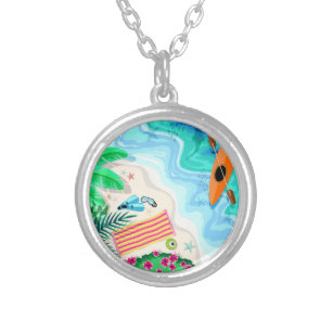 Tropical Beach Aerial Drone View  Silver Plated Necklace
