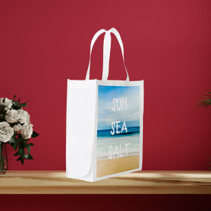 Tropical beach and blue sky with text reusable grocery bag