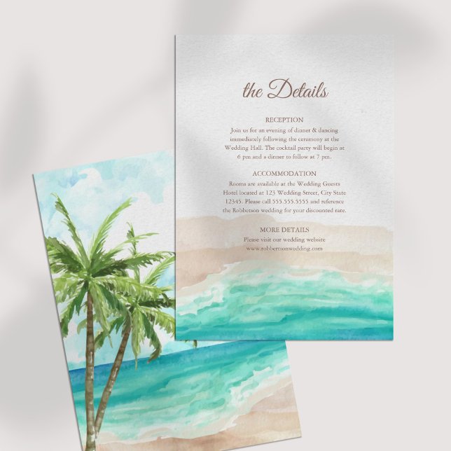 Tropical Beach and Palm Trees Wedding Details Card (Tropical Beach and Palm Trees Wedding Details Card on a white table)