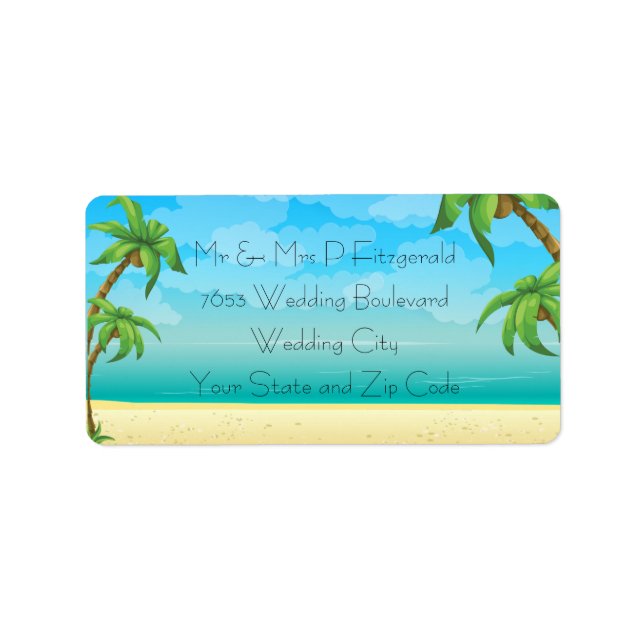 Tropical Beach and Palm Trees Wedding Label (Front)