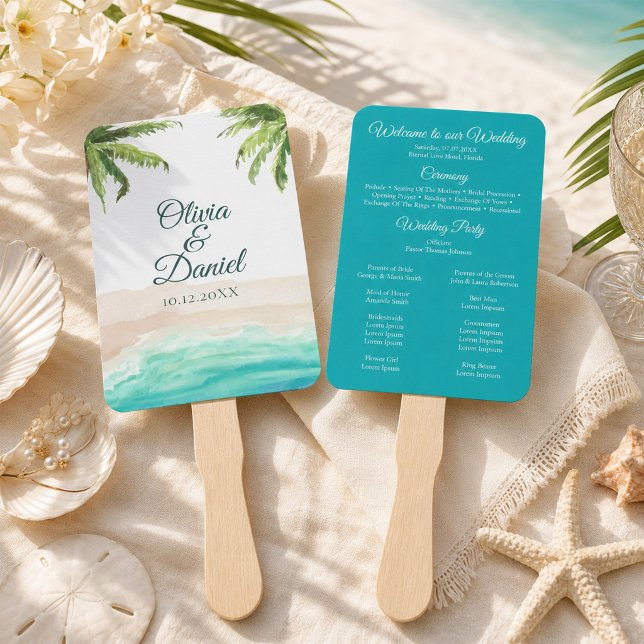 Tropical Beach and Palm Trees Wedding Program Fan (Tropical Beach and Palm Trees Wedding Program Fan)
