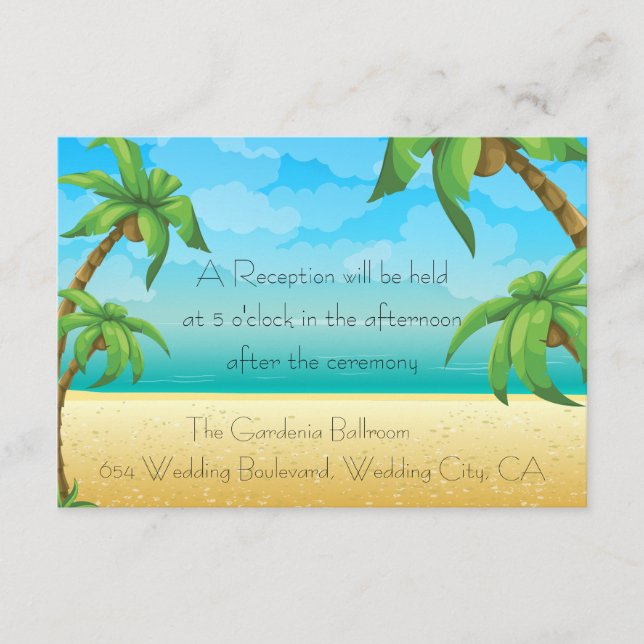 Tropical Beach and Palm Trees Wedding Reception Enclosure Card (Front)