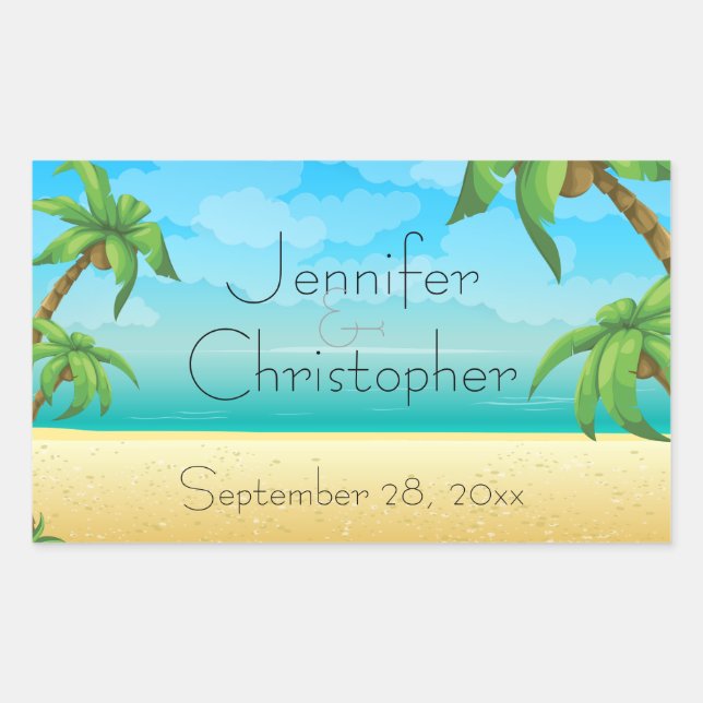 Tropical Beach and Palm Trees Wedding Rectangular Sticker (Front)
