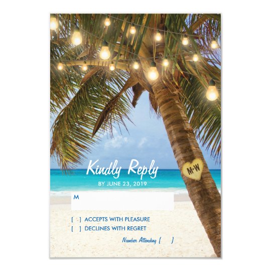 Tropical Beach and String Lights Wedding RSVP Card