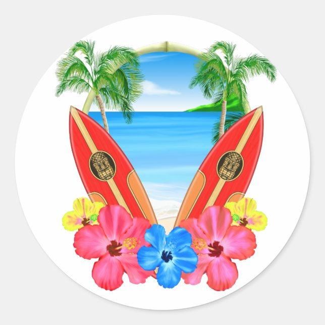 Tropical Beach And Surfboards Classic Round Sticker (Front)