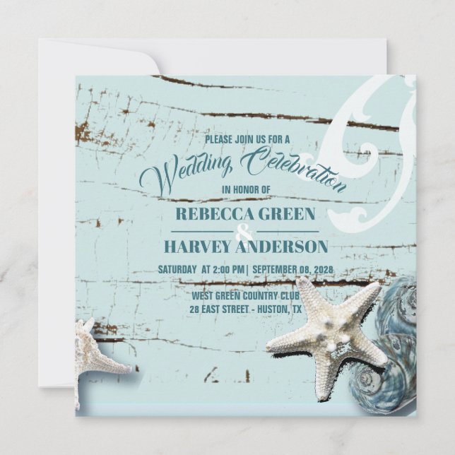 tropical beach aqua blue seashell starfish wedding invitation (Front)