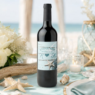 tropical beach aqua blue seashell starfish wedding wine label
