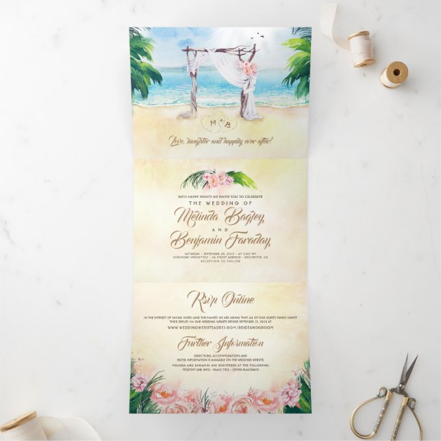 Tropical Beach Arbor Romantic Wedding Tri-Fold Card (Inside)