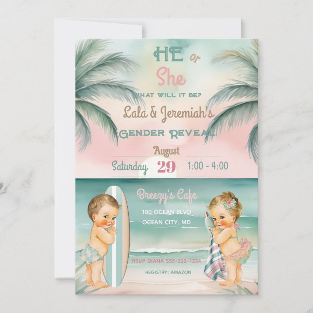 Tropical Beach Baby Gender Reveal Blush Sage Invitation (Front)