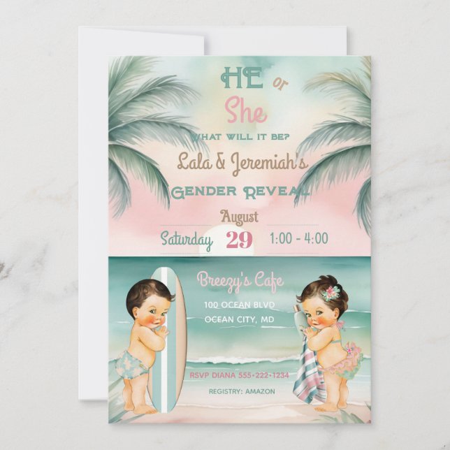 Tropical Beach Baby Gender Reveal Blush Sage Invitation (Front)