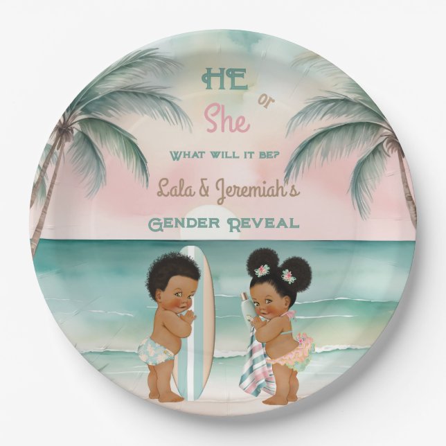 Tropical Beach Baby Gender Reveal Blush Sage Paper Plate (Front)