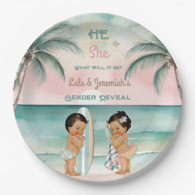 Tropical Beach Baby Gender Reveal Blush Sage Paper Plate (Front)