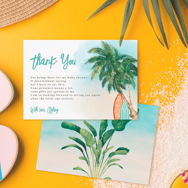 Tropical beach Baby on board surf  baby shower  Thank You Card (Creator Uploaded)