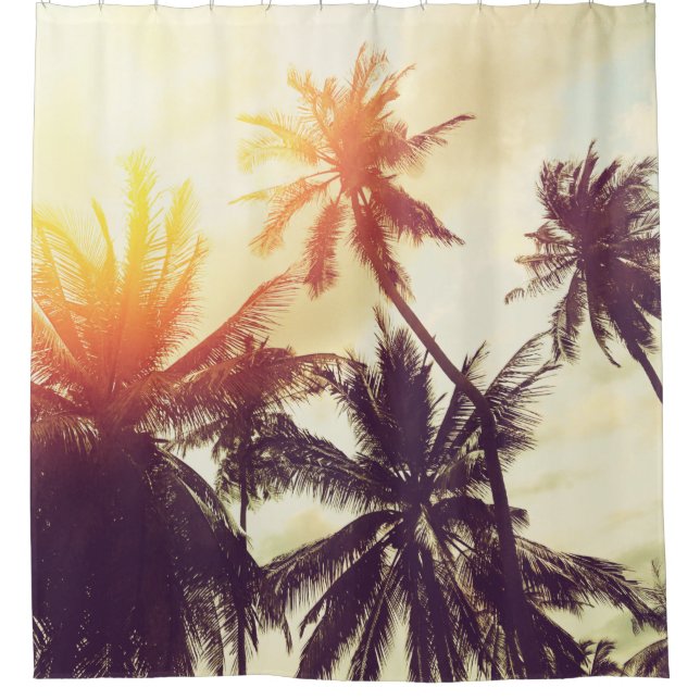 Tropical beach background with palm trees silhouet shower curtain (Front)