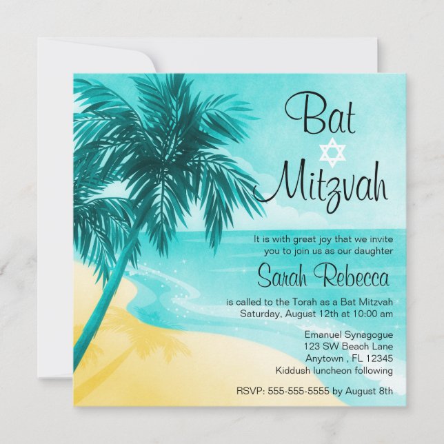 Tropical Beach Bat Mitzvah Invitations (Front)