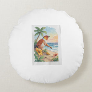 Tropical Beach Bird Watercolor Art Round Cushion