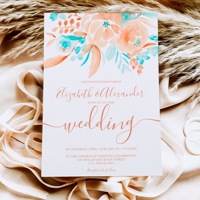 Tropical beach blue coral floral chic wedding invitation (Creator Uploaded)