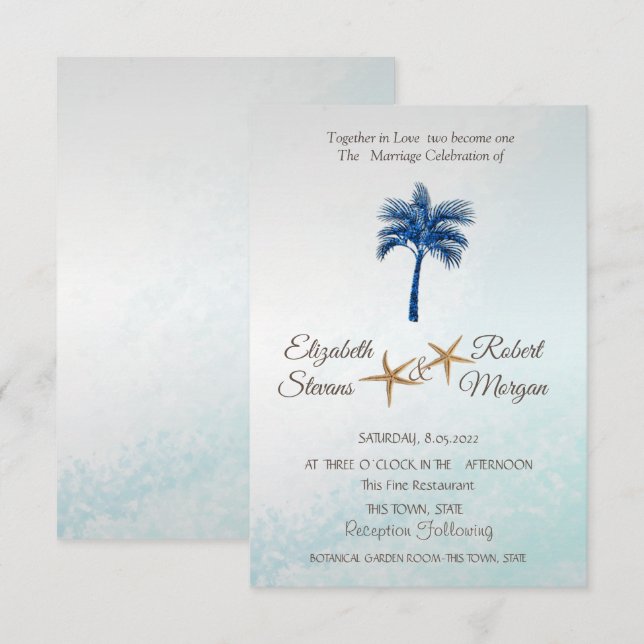 Tropical Beach Blue Glitter Palm Wedding  Invitation (Front/Back)