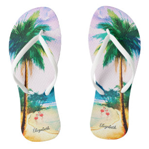 Tropical Beach Blue Green Watercolor Flip Flops