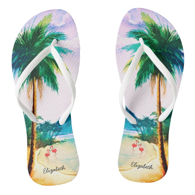 Tropical Beach Blue Green Watercolor Flip Flops (Footbed)
