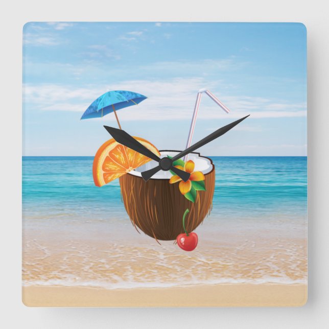 Tropical Beach,Blue Sky,Ocean Sand,Coconut Coctail Square Wall Clock (Front)