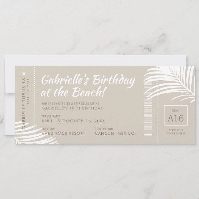 Tropical Beach Boarding Pass Pink Birthday Trip Invitation (Front)