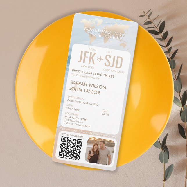 Tropical Beach Boarding Pass Ticket Destination Invitation (modern vertical boarding pass wedding invitation in beige tones with tropical beach background)