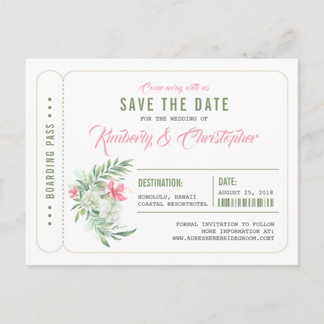 Tropical Beach Boarding Pass Ticket Save the Date Announcement Postcard (Front)