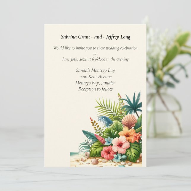 Tropical Beach Botanical Wedding Invitation (Standing Front)