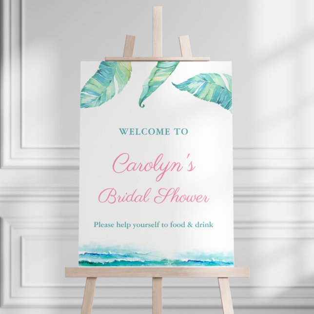 Tropical Beach Bridal Shower Party Welcome Poster (Tropical theme Aqua pink bridal shower party welcome sign)