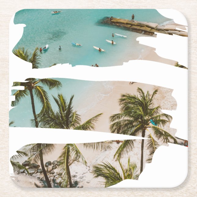Tropical Beach Brush Strokes Square Paper Coaster (Front)