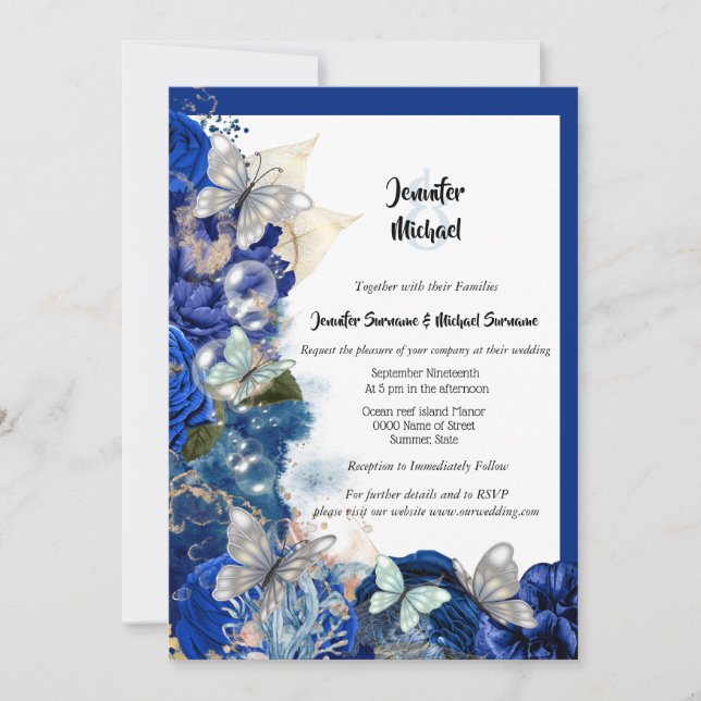 Tropical beach butterfly blue orange wedding  invitation (Front)