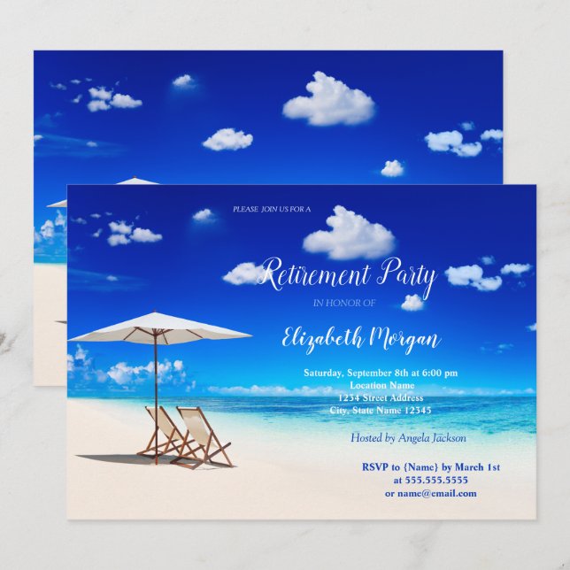 Tropical Beach ,Chair Sand Clouds Retirement Party Invitation (Front/Back)