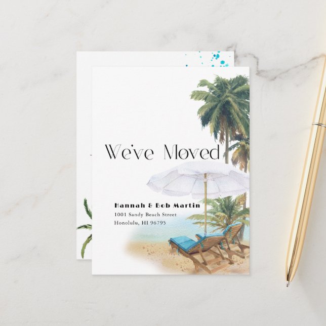 Tropical Beach Chairs Moving Announcement Postcard (Front/Back In Situ)