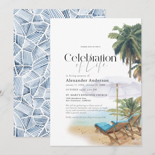 Tropical Beach Chairs Palm Trees Funeral Memorial Invitation (Front/Back)