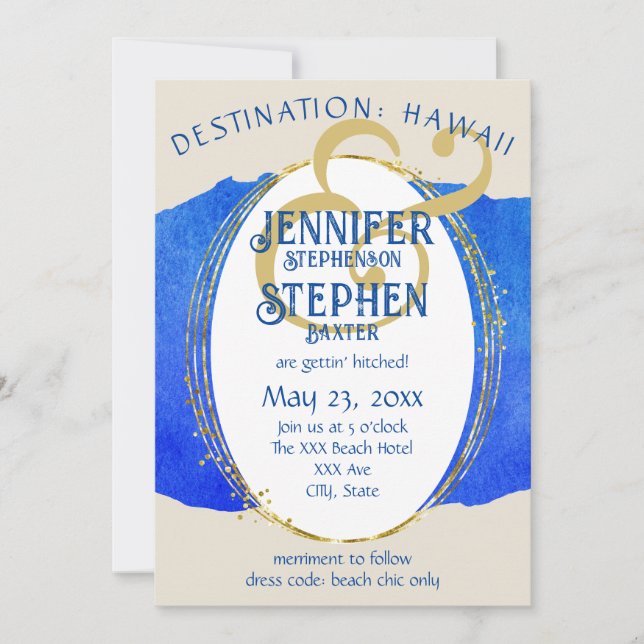 Tropical Beach Chic  Blue Gold Destination Wedding Invitation (Front)