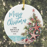 Tropical Beach Christmas Ceramic Tree Decoration<br><div class="desc">Celebrate the season with this festive and beachy round Christmas ornament, perfect for a coastal holiday celebration. The design features a whimsical Christmas tree made of beach shells, starfish, and coral, with a mix of green, tan, and a pop of orange-red on the starfish at the top—bringing a fun tropical...</div>