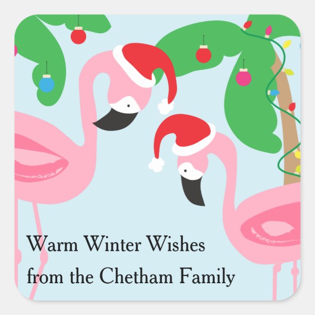 Tropical Beach Christmas Flamingos Birds Square Sticker (Front)